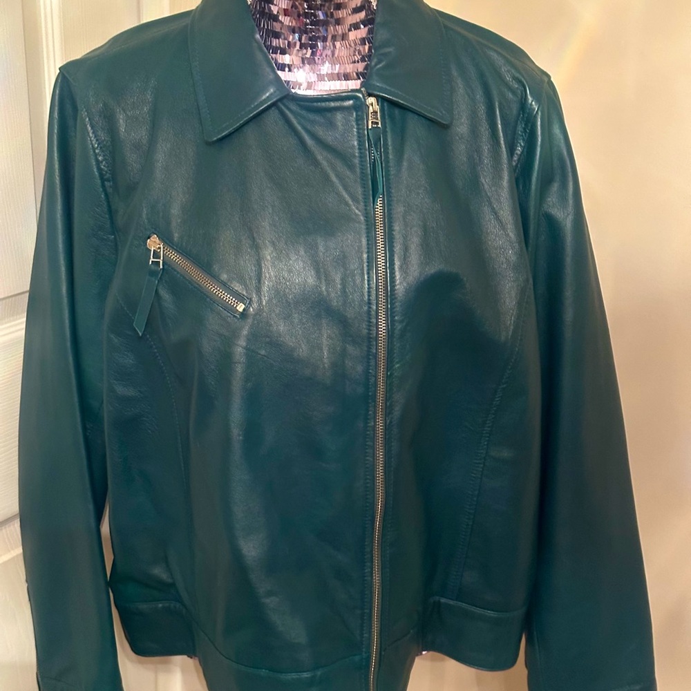 John Carlisle Dark Teal Leather Moto Jacket, Size 1X